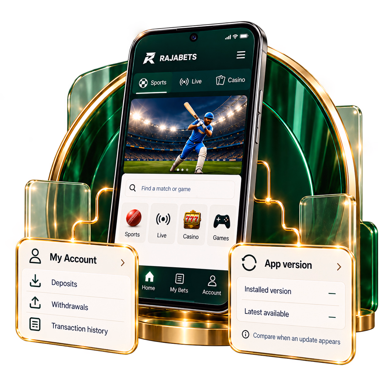 Rajabets App navigation, My Account options, and version update comparison on metallic stand